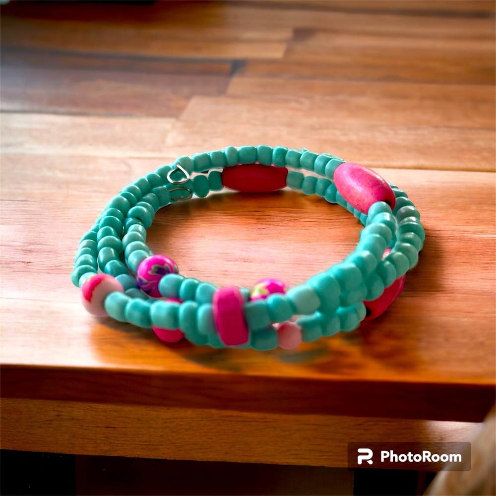 Genuine turquoise and wood bead spiral bracelet cuff